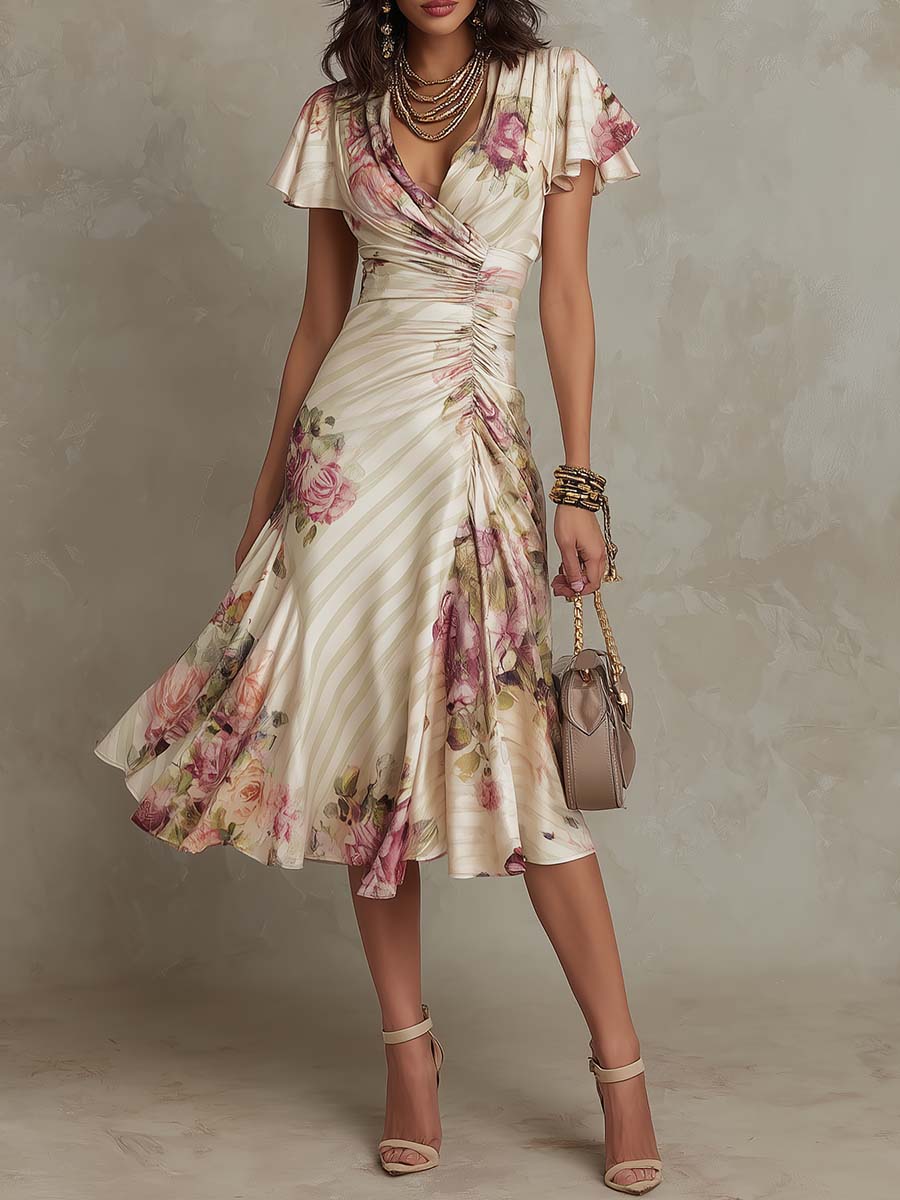 Alba™ | Elegant midikjole i retro-satin med blomsterdesign