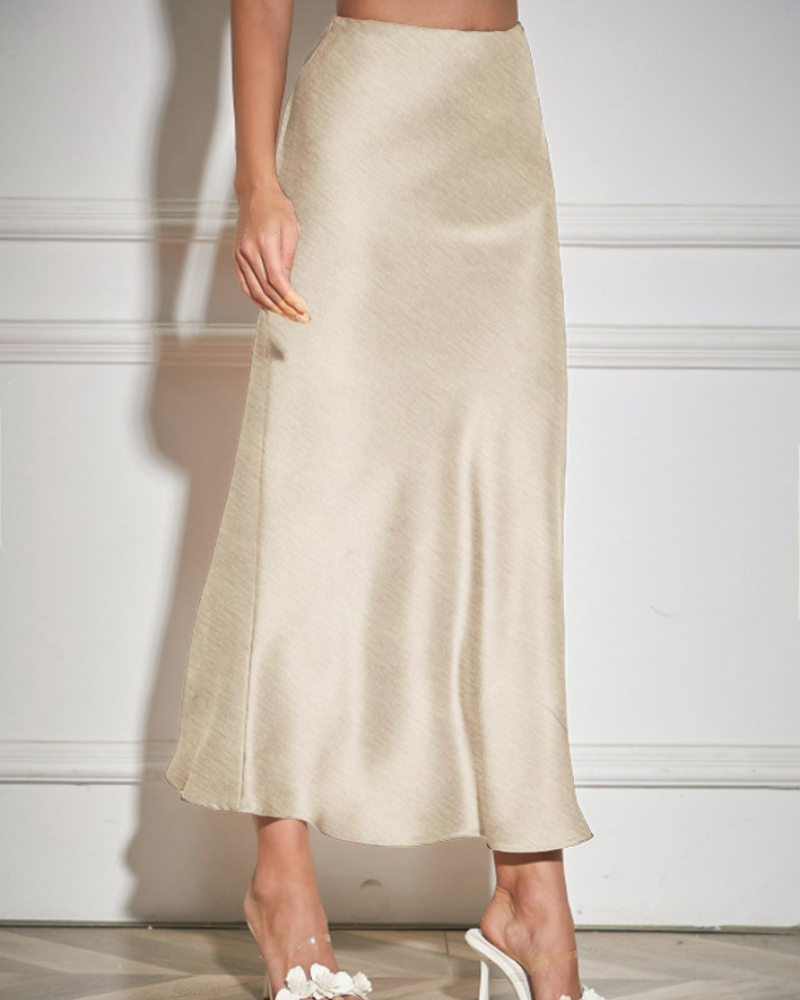 Isabeau Jupe Longue Femme – Satin Plissé, Taille Haute, Coupe Évasée & Zip Latéral