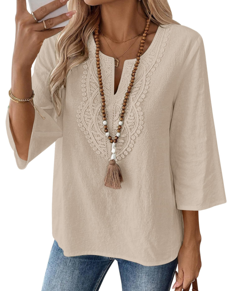 Coralie Blouse Femme – 80% Coton 20% Lin, Col V Dentelle, Manches 3/4 & Coupe Ample