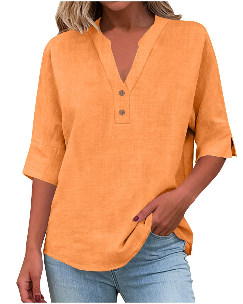 Eirlys Blouse Femme – Coton & Lin, Col V Boutonné, Manches 3/4, Coupe Ample