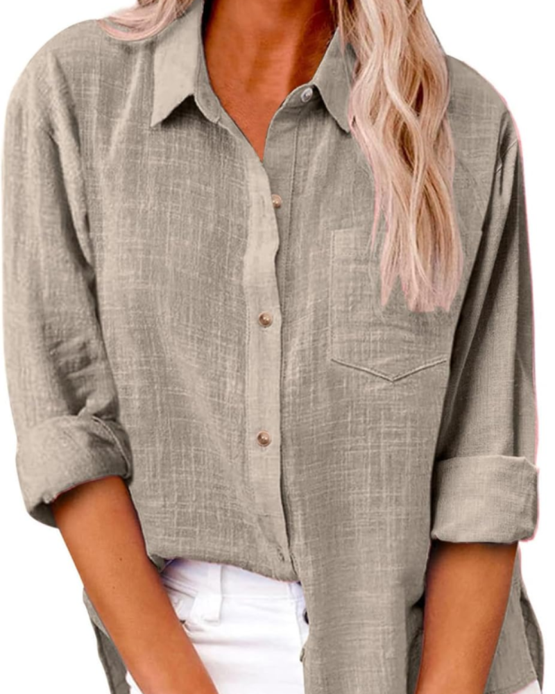 Jessamine Blouse Femme – 100% Coton, Col V Boutonné, Coupe Ample & Poche
