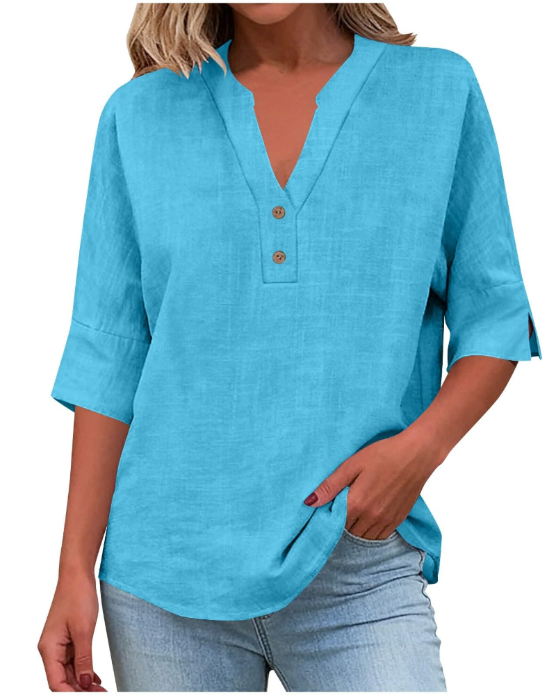 Eirlys Blouse Femme – Coton & Lin, Col V Boutonné, Manches 3/4, Coupe Ample