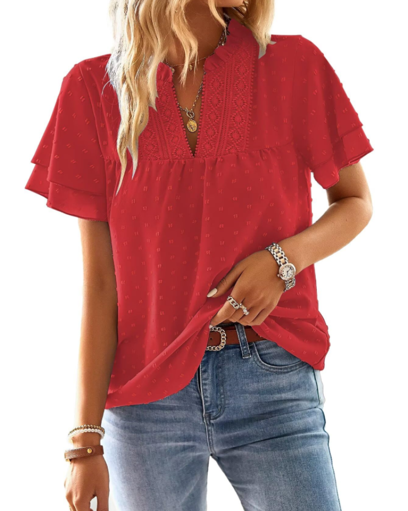 Amaryllis Blouse Femme – Col V, Dentelle Crochet, Manches Courtes & Coupe Ample