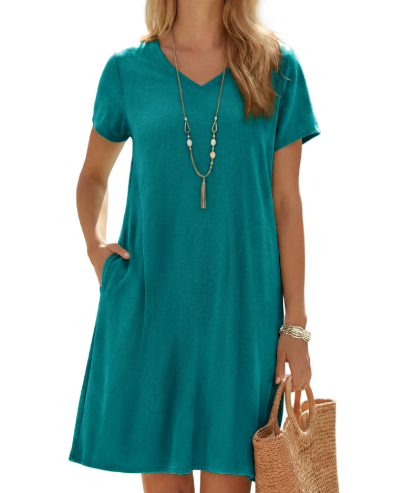 Amélie Robe en Lin Femme – Col V, Manches Courtes, Coupe Ample & Poches