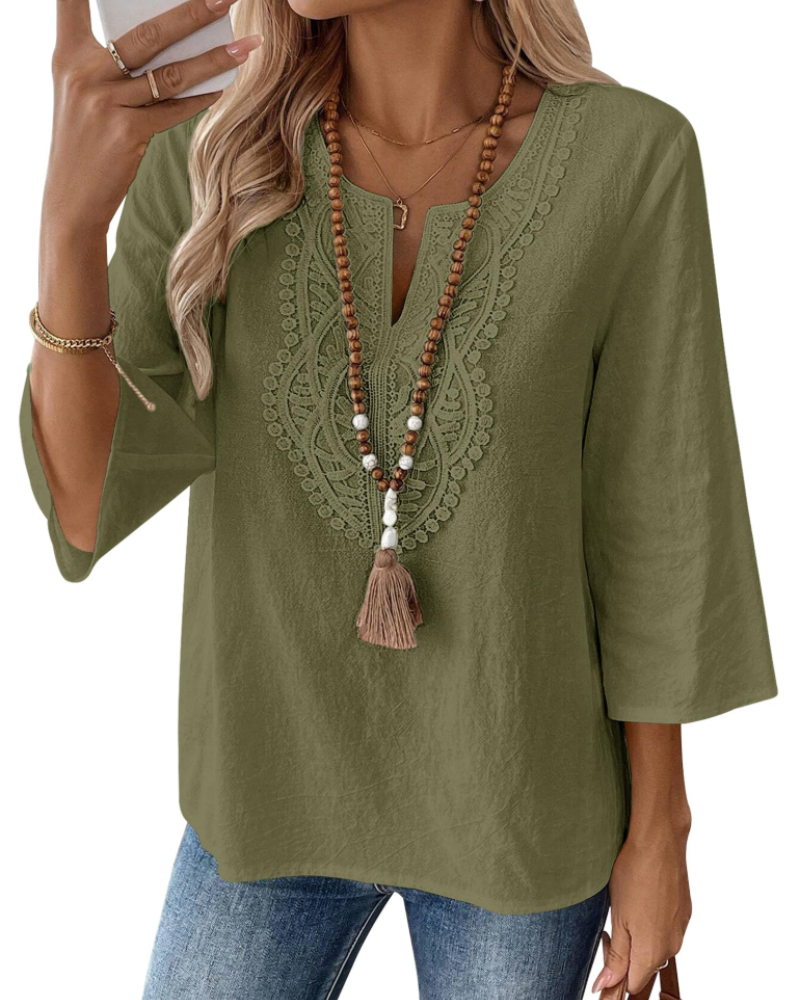 Coralie Blouse Femme – 80% Coton 20% Lin, Col V Dentelle, Manches 3/4 & Coupe Ample