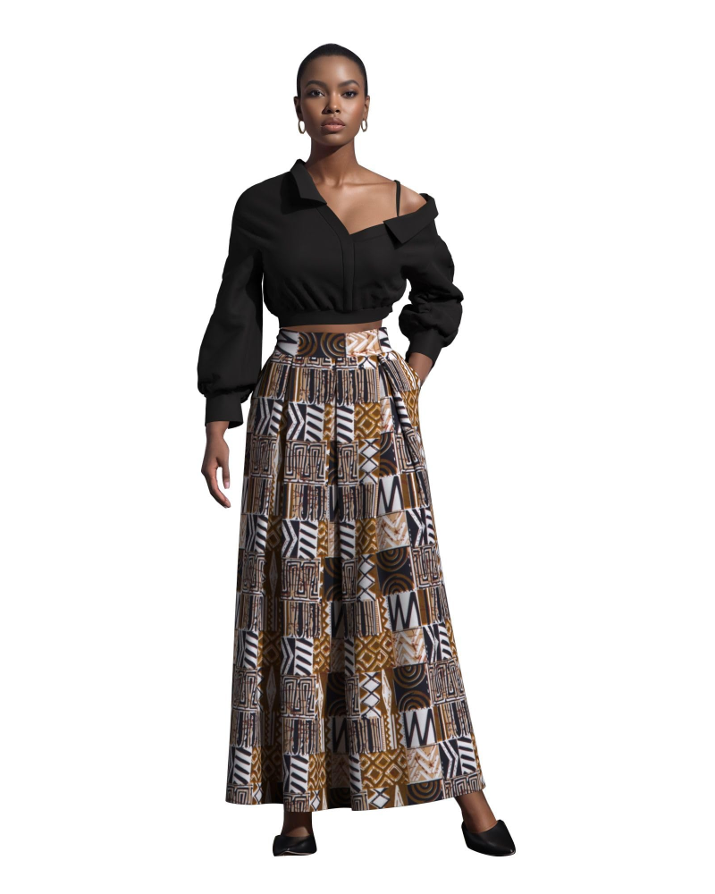 Melisande Jupe Longue Femme – Taille Haute, Coupe Évasée, Imprimée & Zip Latéral