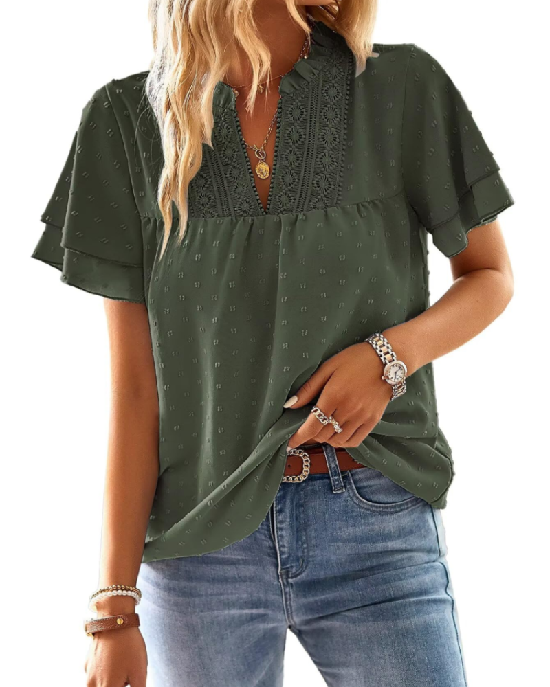 Amaryllis Blouse Femme – Col V, Dentelle Crochet, Manches Courtes & Coupe Ample