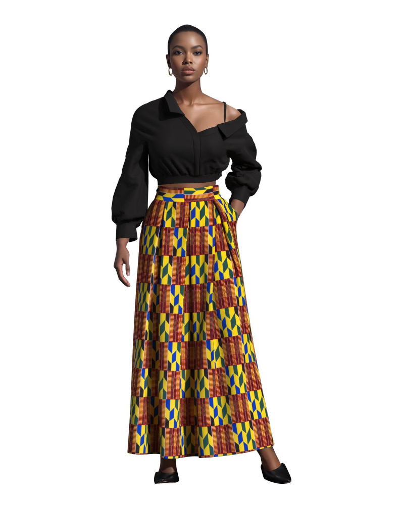 Melisande Jupe Longue Femme – Taille Haute, Coupe Évasée, Imprimée & Zip Latéral
