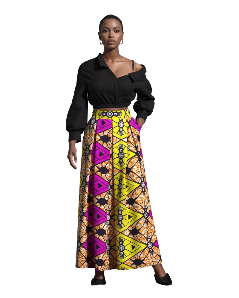 Melisande Jupe Longue Femme – Taille Haute, Coupe Évasée, Imprimée & Zip Latéral
