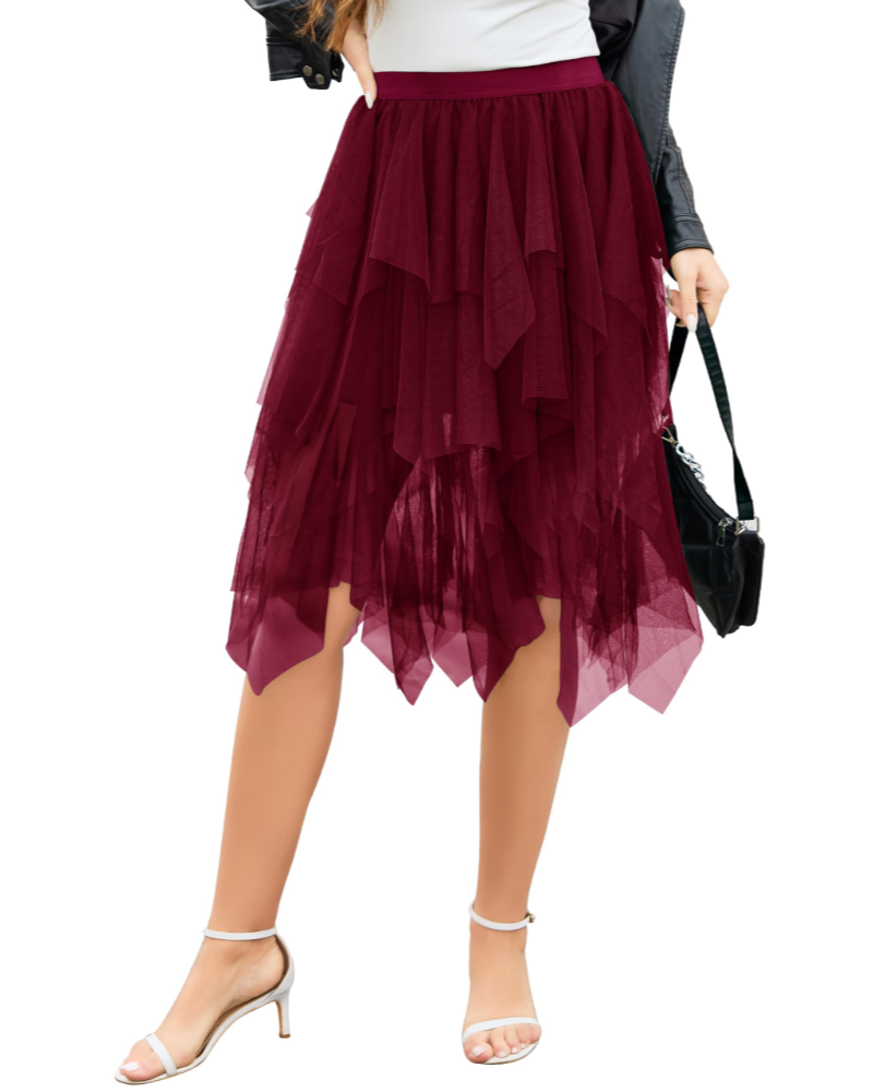 Liora Jupe Midi Femme – Tulle 3 Couches, Taille Haute Élastique & Volants Asymétriques