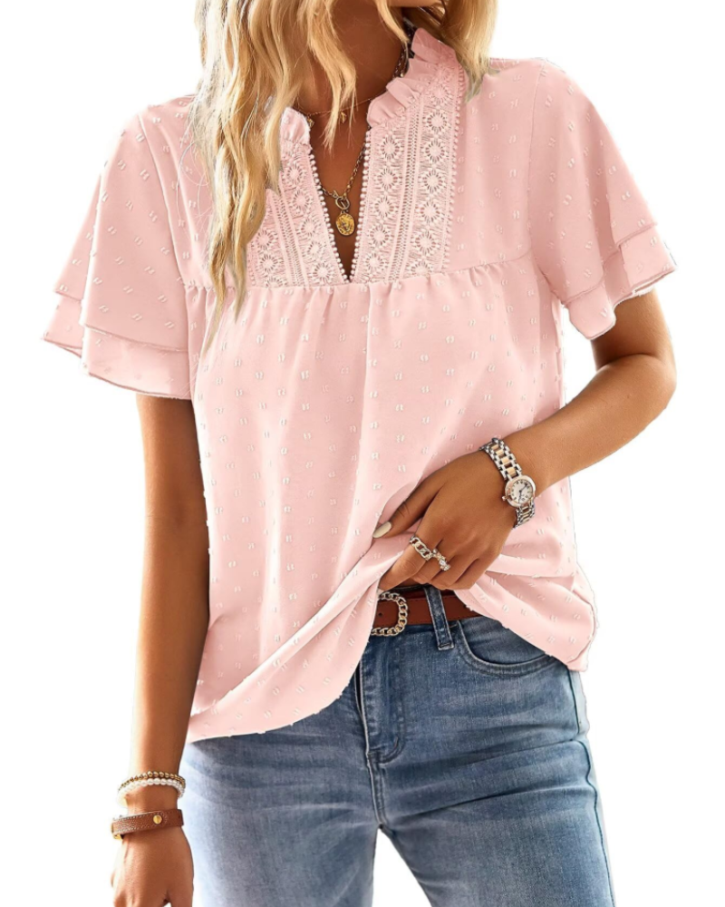 Amaryllis Blouse Femme – Col V, Dentelle Crochet, Manches Courtes & Coupe Ample