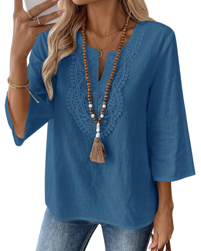 Coralie Blouse Femme – 80% Coton 20% Lin, Col V Dentelle, Manches 3/4 & Coupe Ample