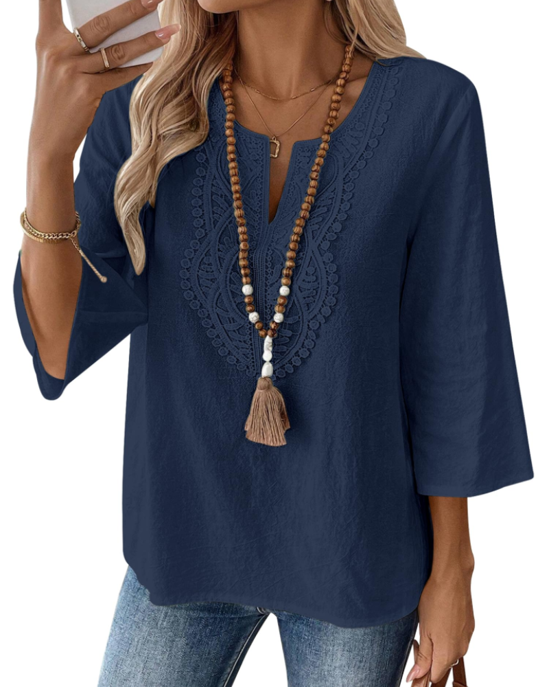 Coralie Blouse Femme – 80% Coton 20% Lin, Col V Dentelle, Manches 3/4 & Coupe Ample