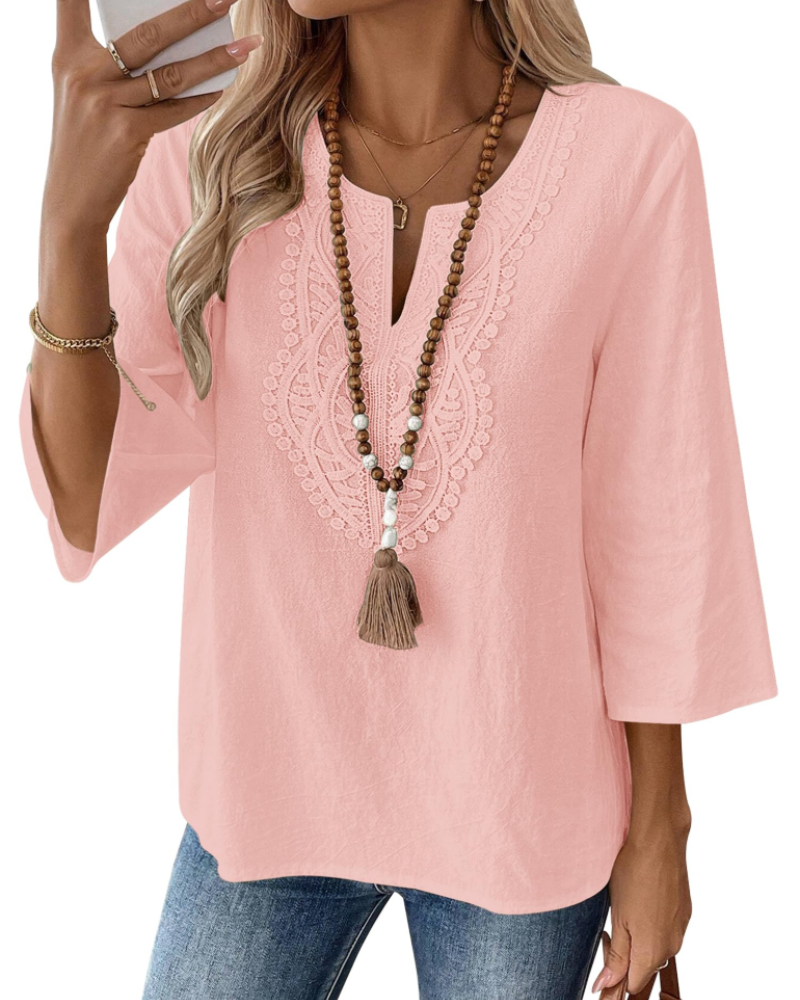 Coralie Blouse Femme – 80% Coton 20% Lin, Col V Dentelle, Manches 3/4 & Coupe Ample