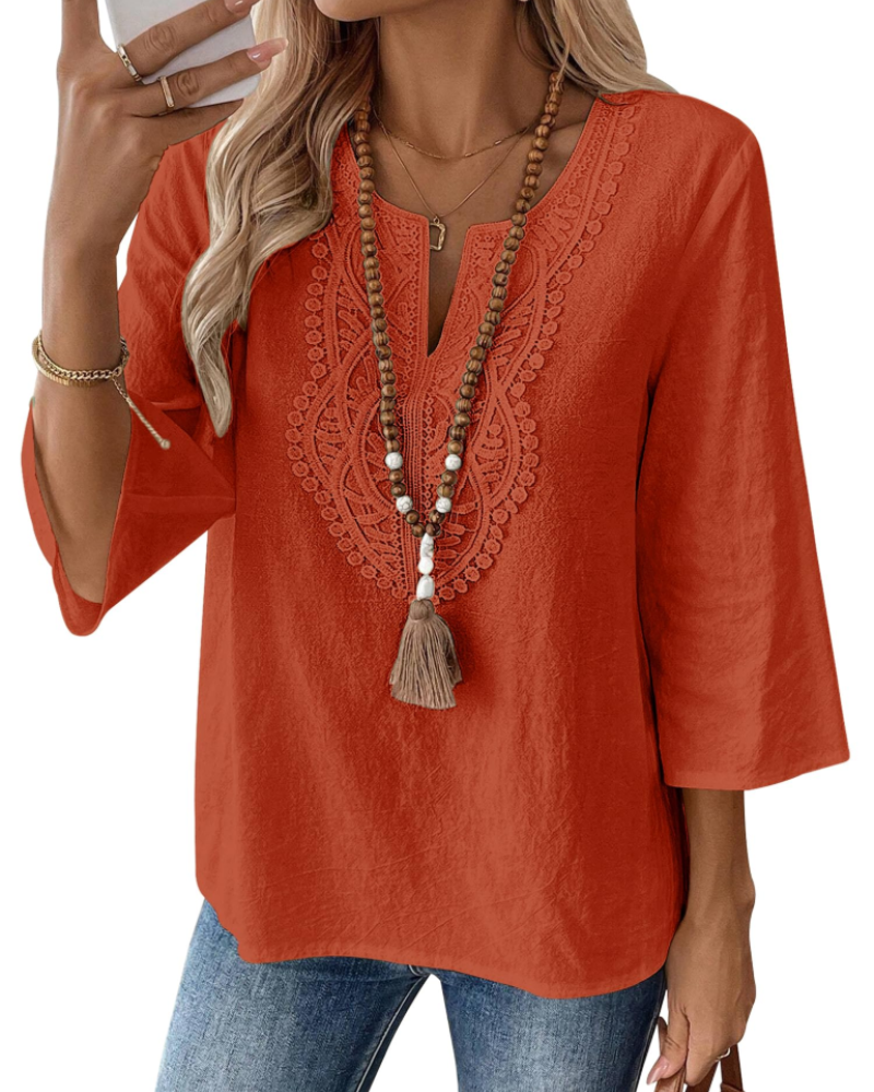 Coralie Blouse Femme – 80% Coton 20% Lin, Col V Dentelle, Manches 3/4 & Coupe Ample