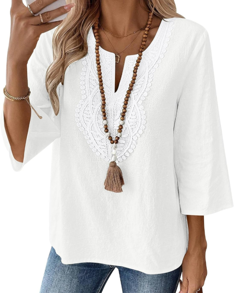 Coralie Blouse Femme – 80% Coton 20% Lin, Col V Dentelle, Manches 3/4 & Coupe Ample