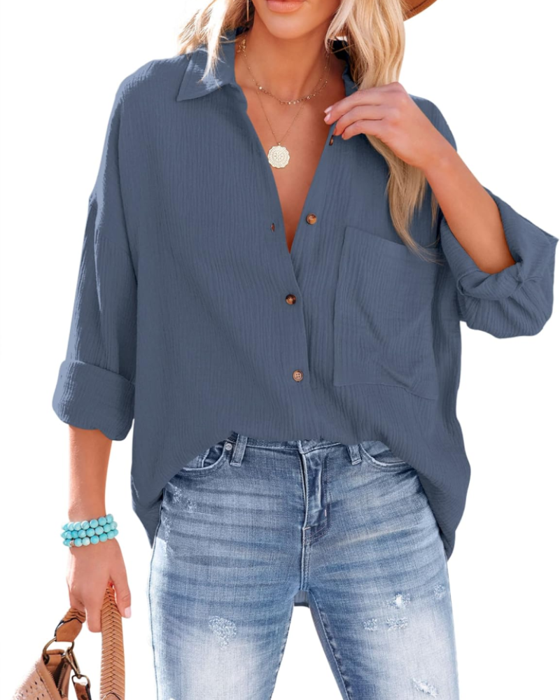 Odelia Blouse Femme – 100% Coton, Col V, Coupe Ample, Boutonnée & Poche
