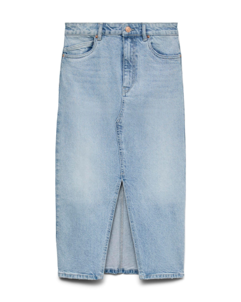 Nerissa Jupe Midi Femme – Denim Taille Haute, Fente Avant, Stretch & 5 Poches