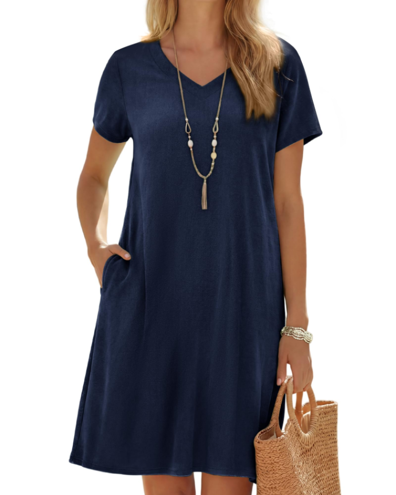 Amélie Robe en Lin Femme – Col V, Manches Courtes, Coupe Ample & Poches