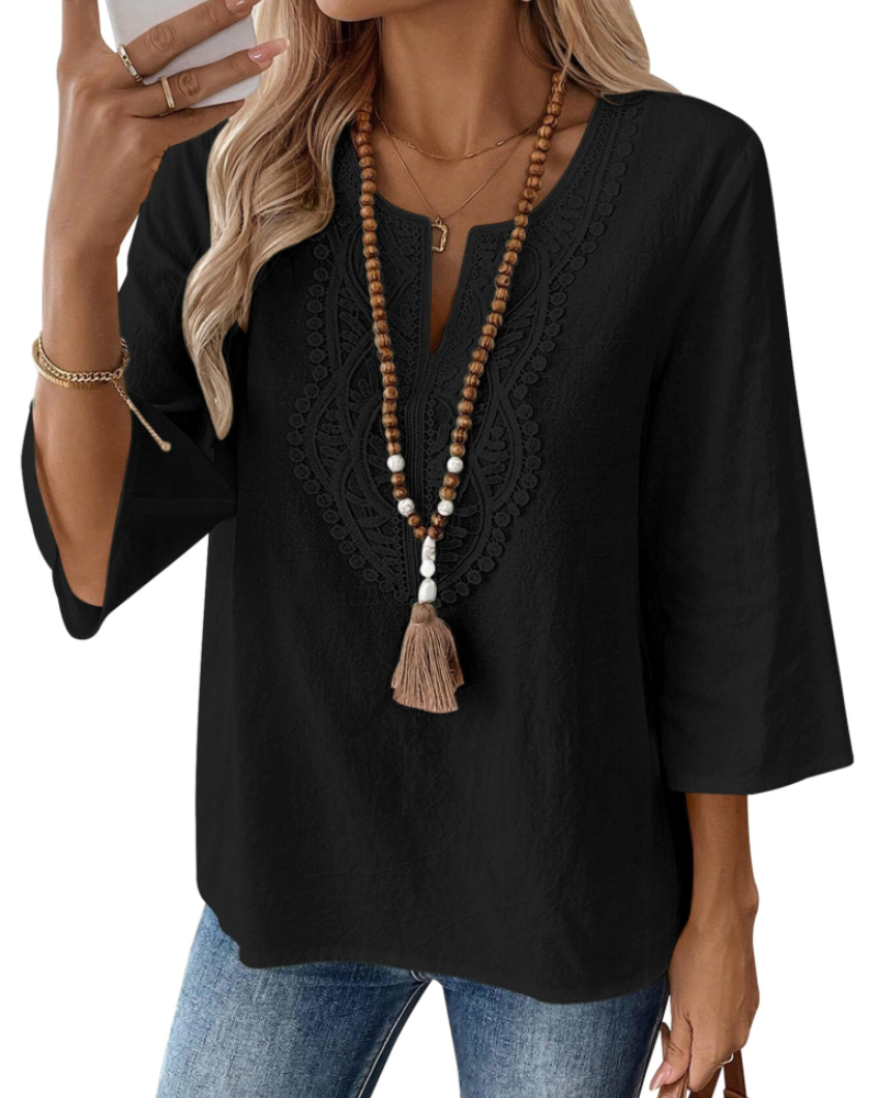 Coralie Blouse Femme – 80% Coton 20% Lin, Col V Dentelle, Manches 3/4 & Coupe Ample