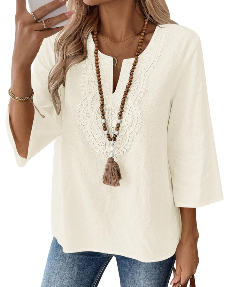 Coralie Blouse Femme – 80% Coton 20% Lin, Col V Dentelle, Manches 3/4 & Coupe Ample