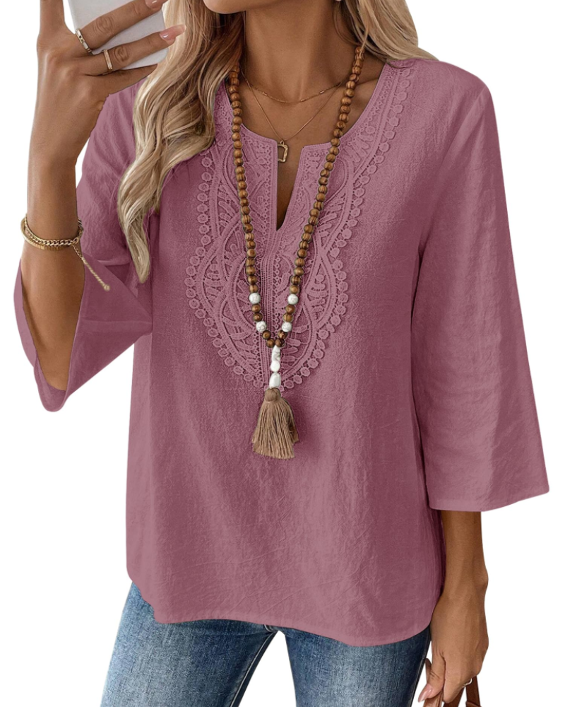 Coralie Blouse Femme – 80% Coton 20% Lin, Col V Dentelle, Manches 3/4 & Coupe Ample