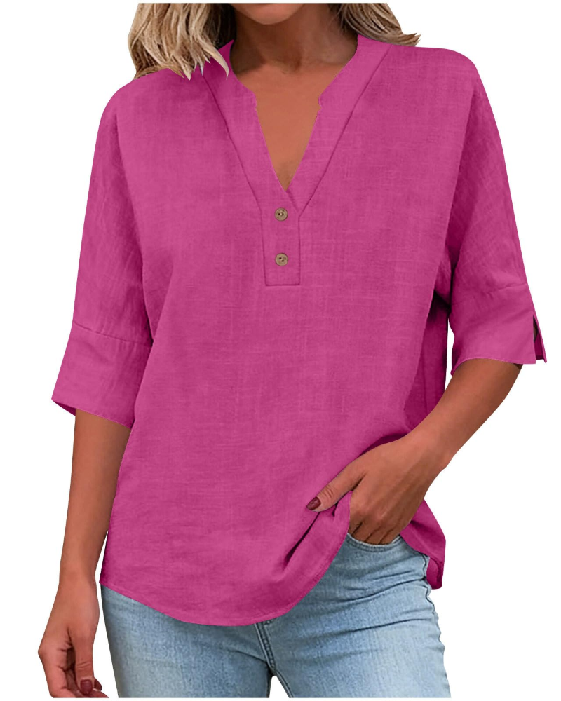 Eirlys Blouse Femme – Coton & Lin, Col V Boutonné, Manches 3/4, Coupe Ample