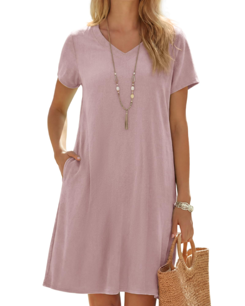 Amélie Robe en Lin Femme – Col V, Manches Courtes, Coupe Ample & Poches