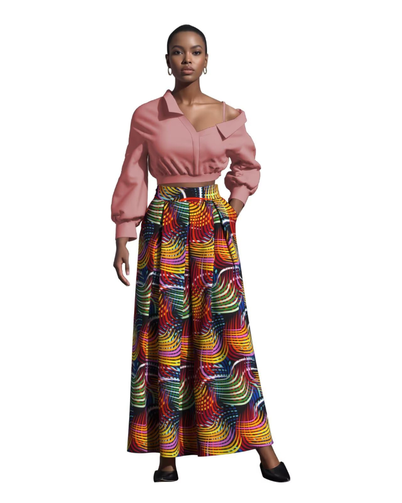 Melisande Jupe Longue Femme – Taille Haute, Coupe Évasée, Imprimée & Zip Latéral