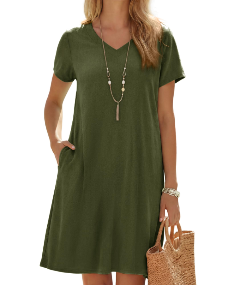 Amélie Robe en Lin Femme – Col V, Manches Courtes, Coupe Ample & Poches
