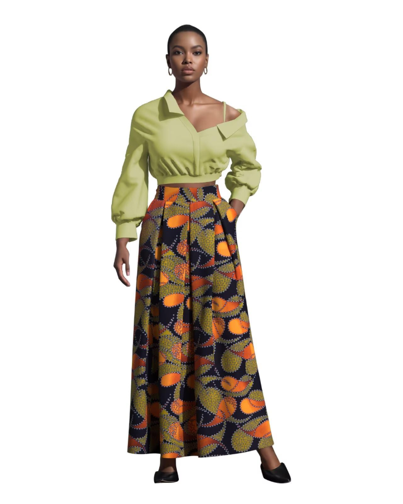 Melisande Jupe Longue Femme – Taille Haute, Coupe Évasée, Imprimée & Zip Latéral
