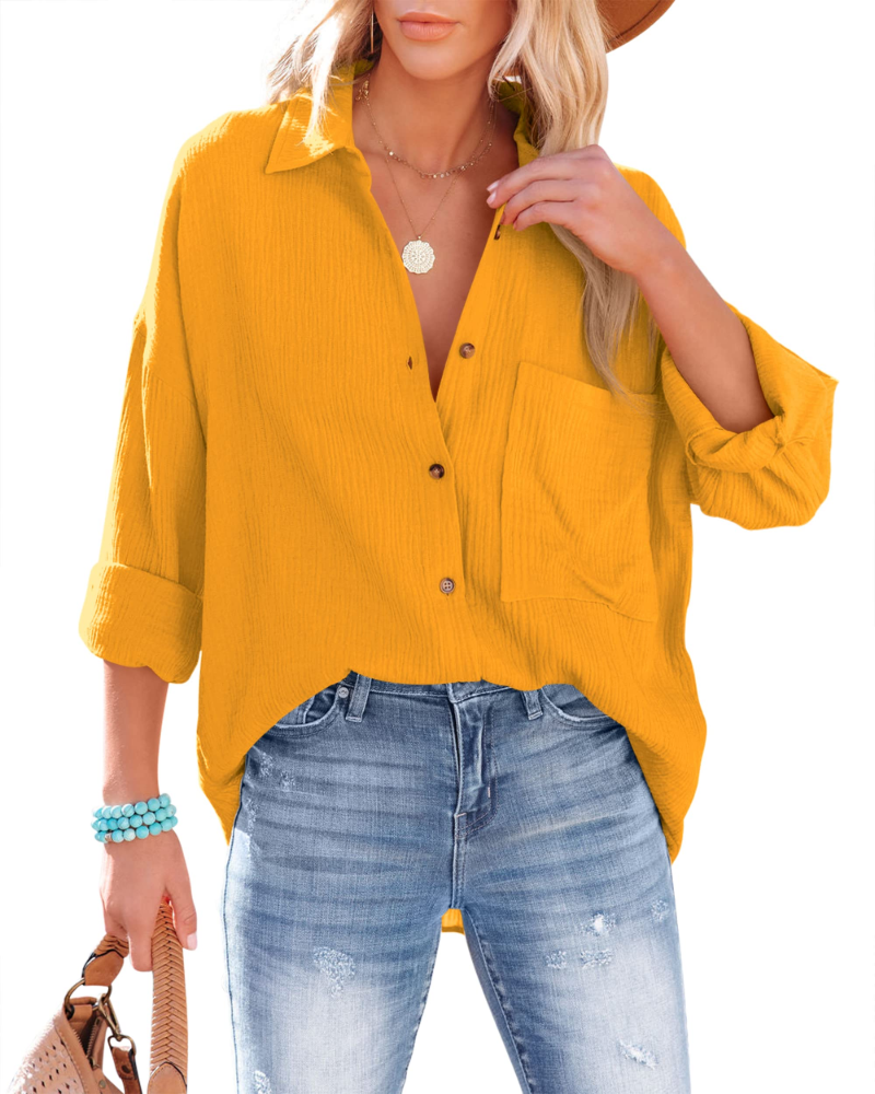 Odelia Blouse Femme – 100% Coton, Col V, Coupe Ample, Boutonnée & Poche