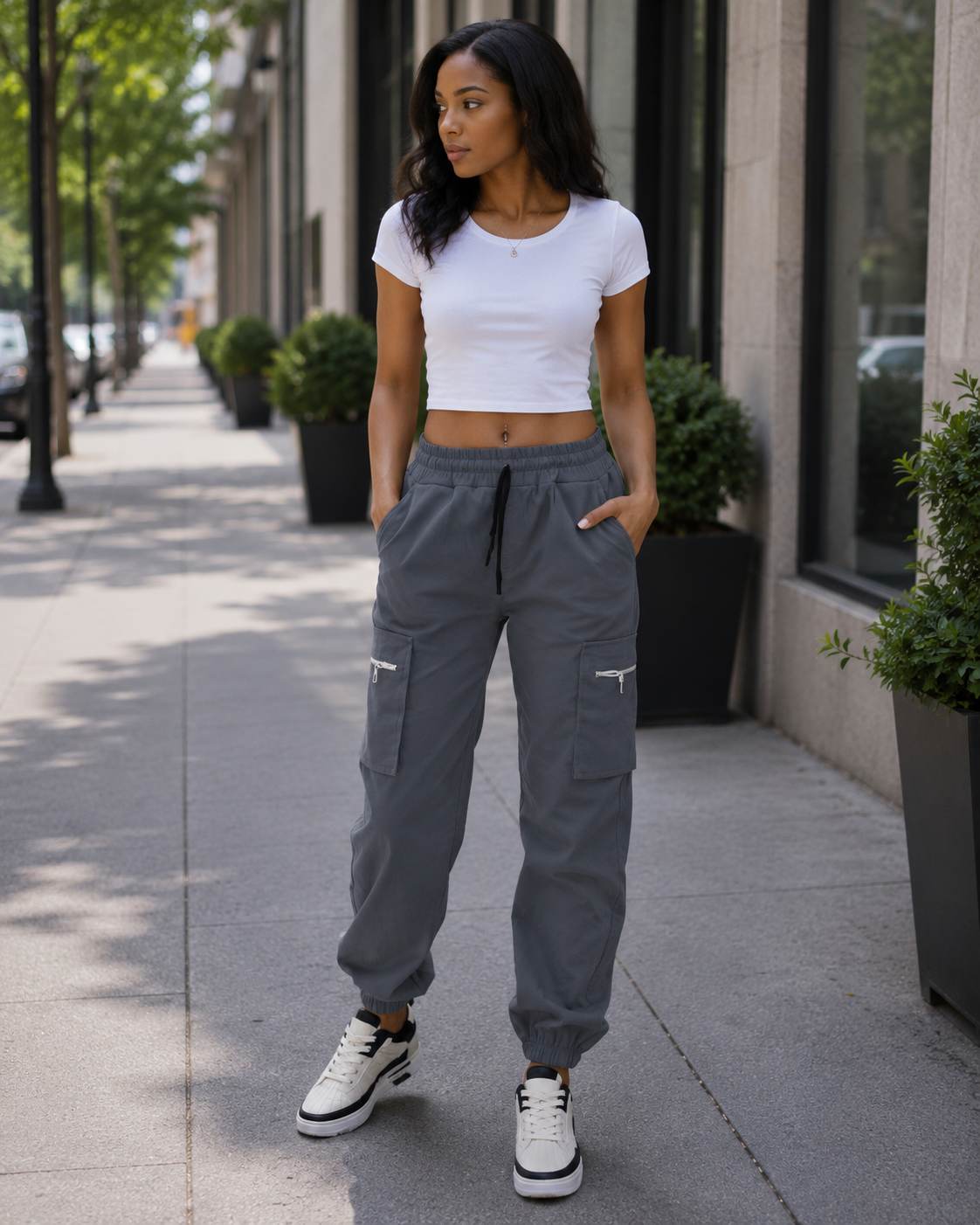 Zafira Pantalon Cargo Femme – Taille Haute Élastique, Coupe Baggy, Chevilles Resserrées & Poches
