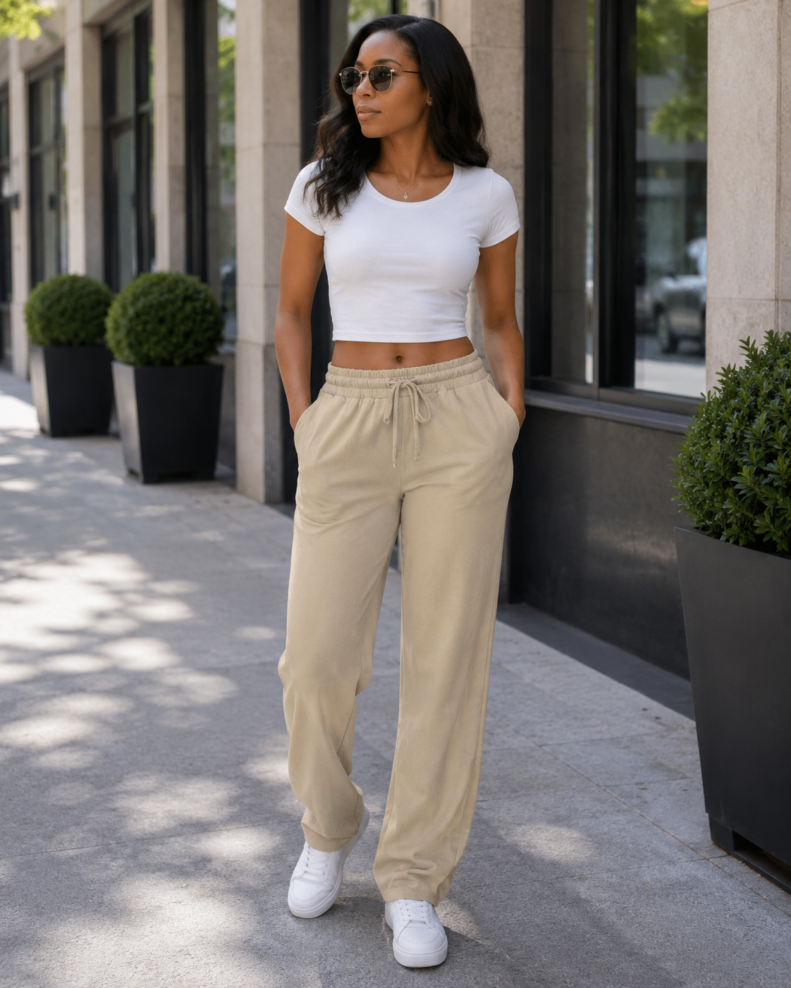 Amelina Pantalon Femme Droit Stretch – Taille Élastique avec Cordon, Poches & Tissu Léger