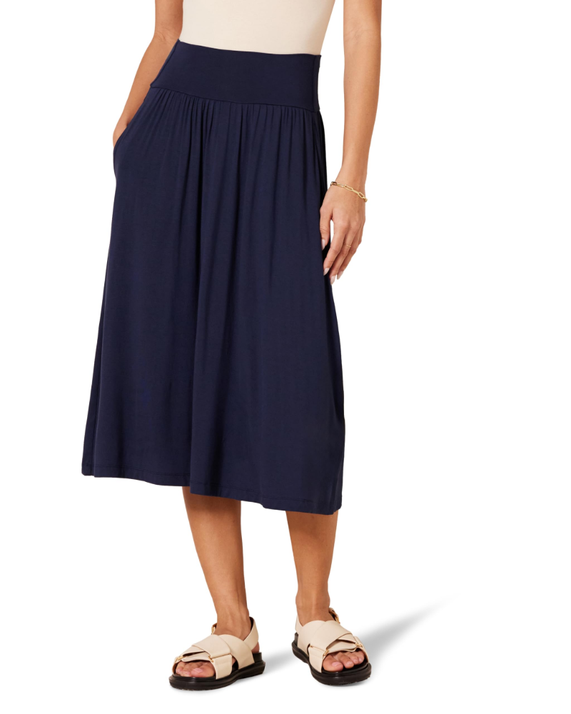 Ione Jupe Midi Femme – Jersey Viscose Stretch, Taille Élastique, Fronces & Poches