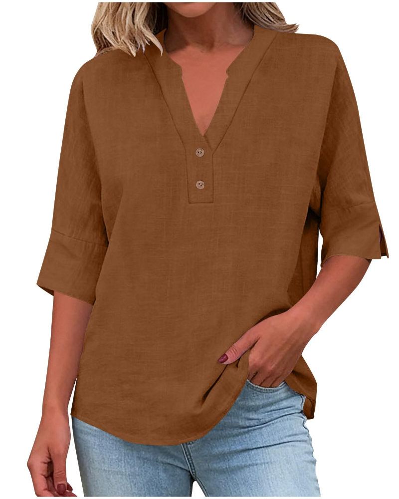 Eirlys Blouse Femme – Coton & Lin, Col V Boutonné, Manches 3/4, Coupe Ample