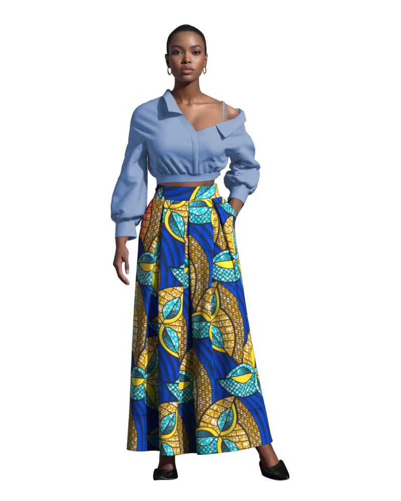 Melisande Jupe Longue Femme – Taille Haute, Coupe Évasée, Imprimée & Zip Latéral