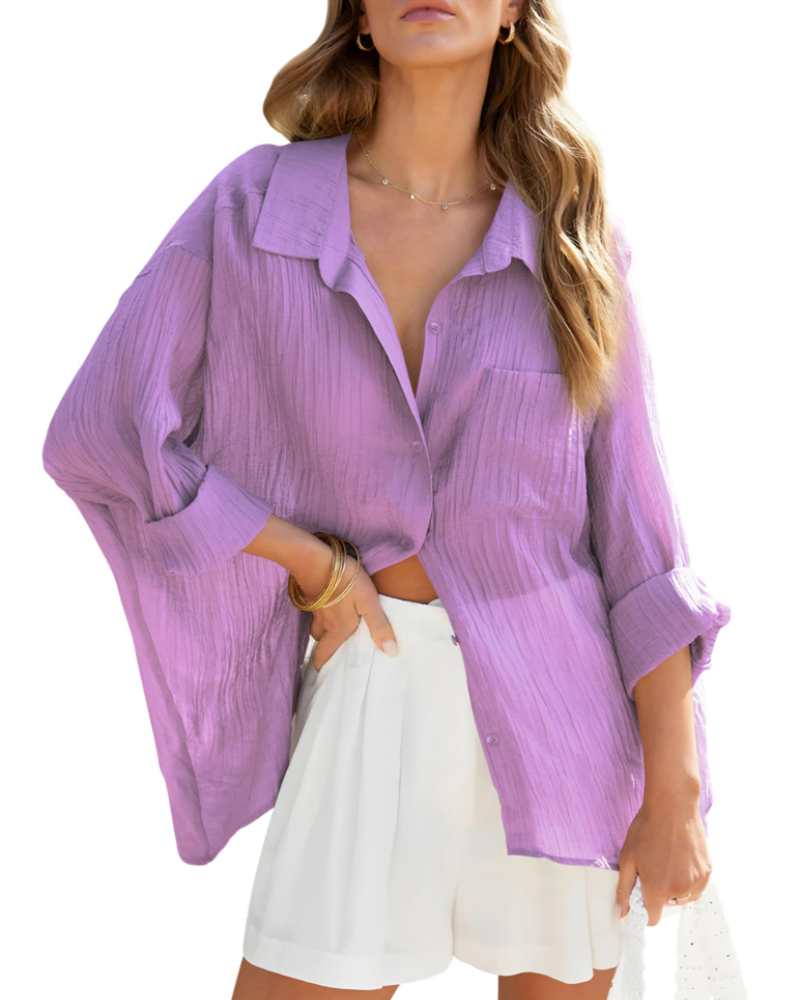 Linnea Chemisier Femme – Col V, Manches Longues, Boutonné & Poches Poitrine