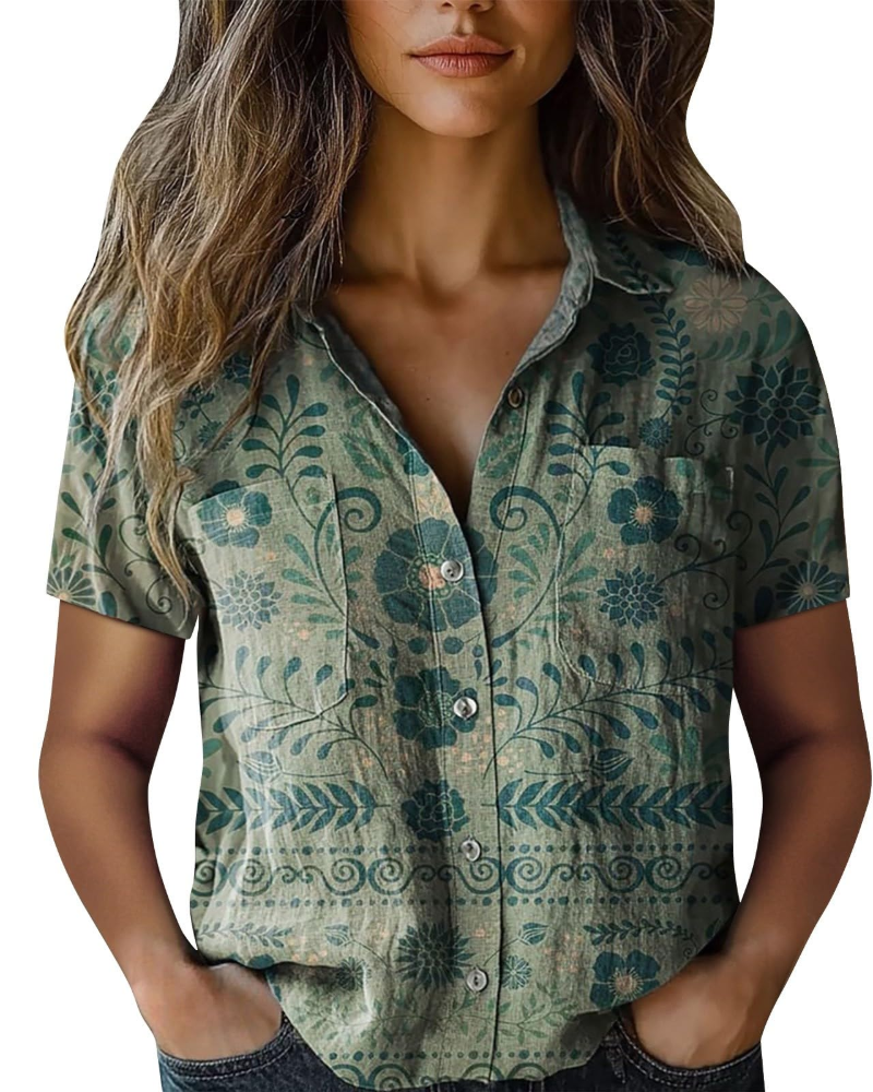 Cressida Blouse Femme – Coton & Lin, Col V Boutonné, Manches Courtes & Coupe Ample