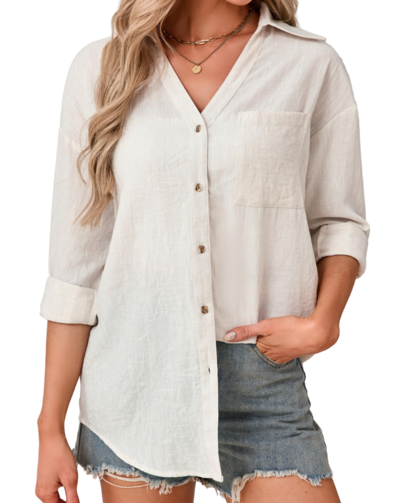 Aveline Chemisier Femme – 70 % Coton & 30 % Lin, Col V, Manches 3/4 & Poche Poitrine