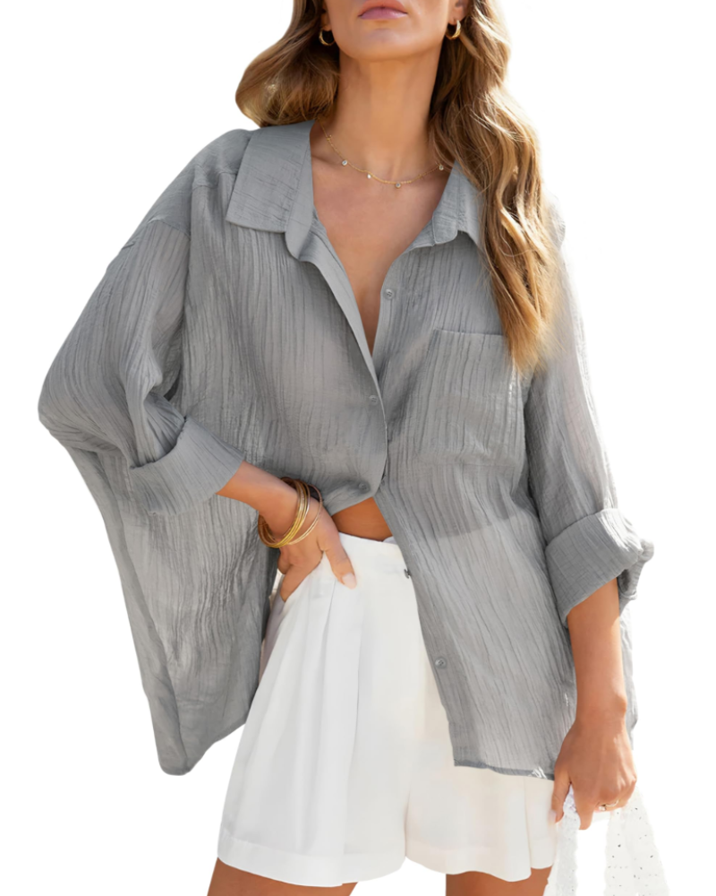 Linnea Chemisier Femme – Col V, Manches Longues, Boutonné & Poches Poitrine