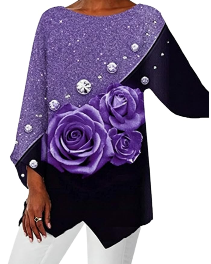 Adelina Tunique Femme – Col Rond, Manches 3/4, Imprimé Floral, Coupe Longue & Ample