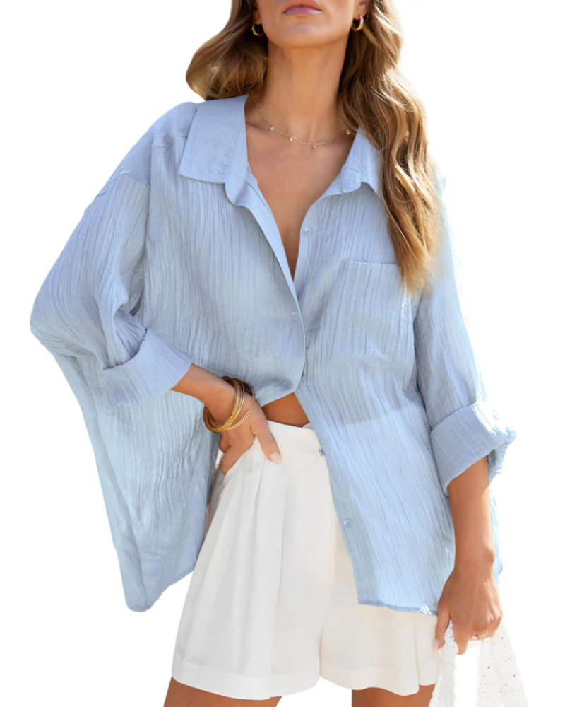 Linnea Chemisier Femme – Col V, Manches Longues, Boutonné & Poches Poitrine