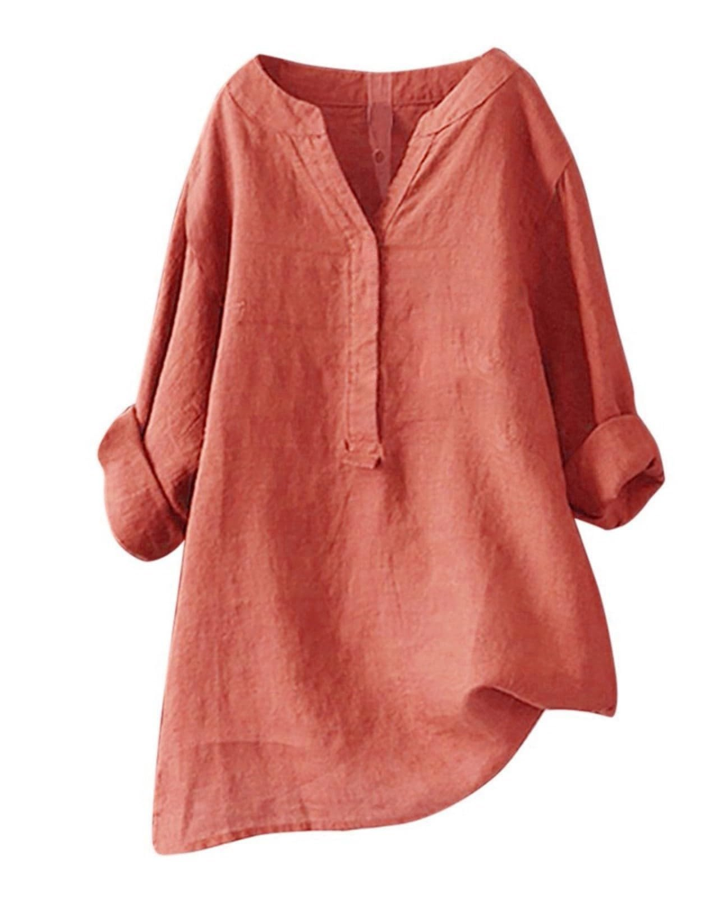 Anneliese Tunique Femme – Coton & Lin, Col V, Manches Longues, Coupe Ample