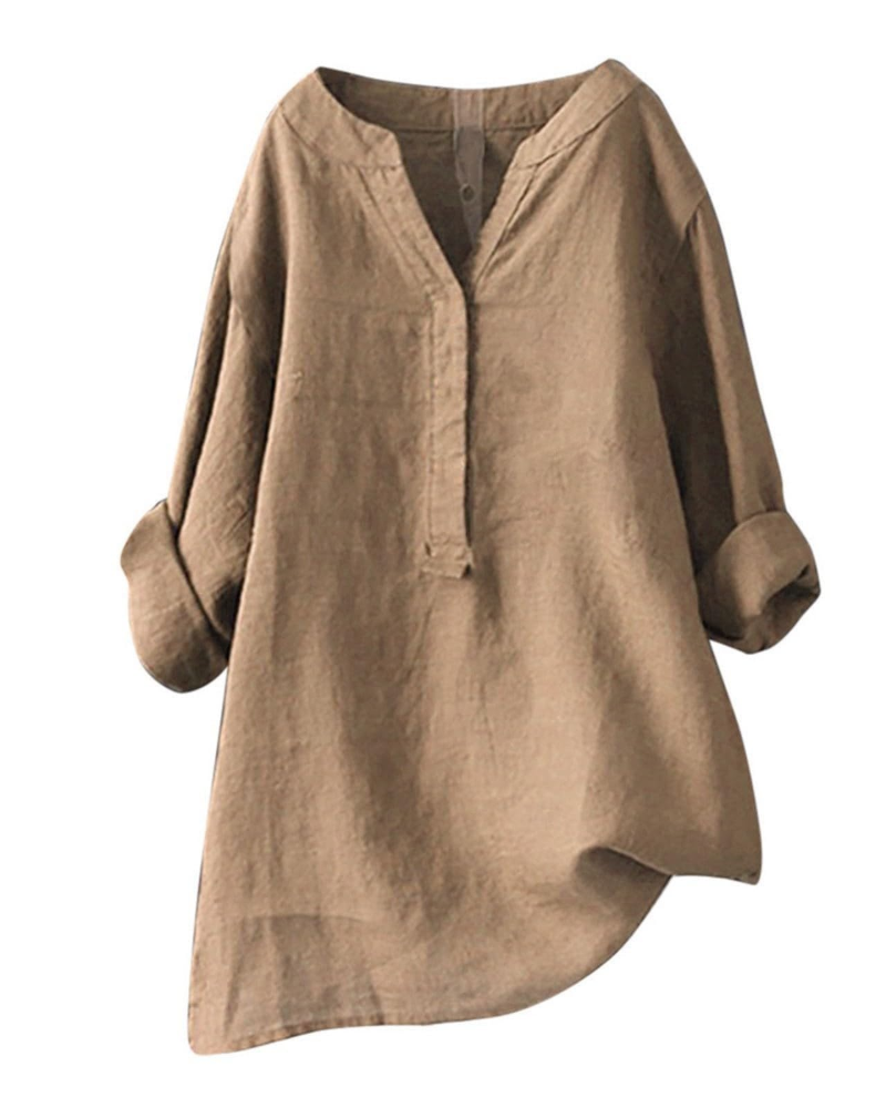 Anneliese Tunique Femme – Coton & Lin, Col V, Manches Longues, Coupe Ample