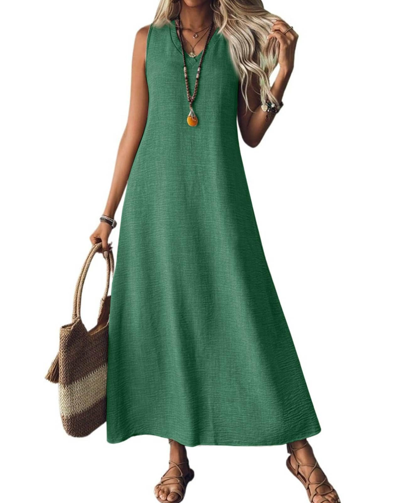 Theodora Robe Longue Femme – Col V, Manches Courtes, Coupe Fluide & Poches
