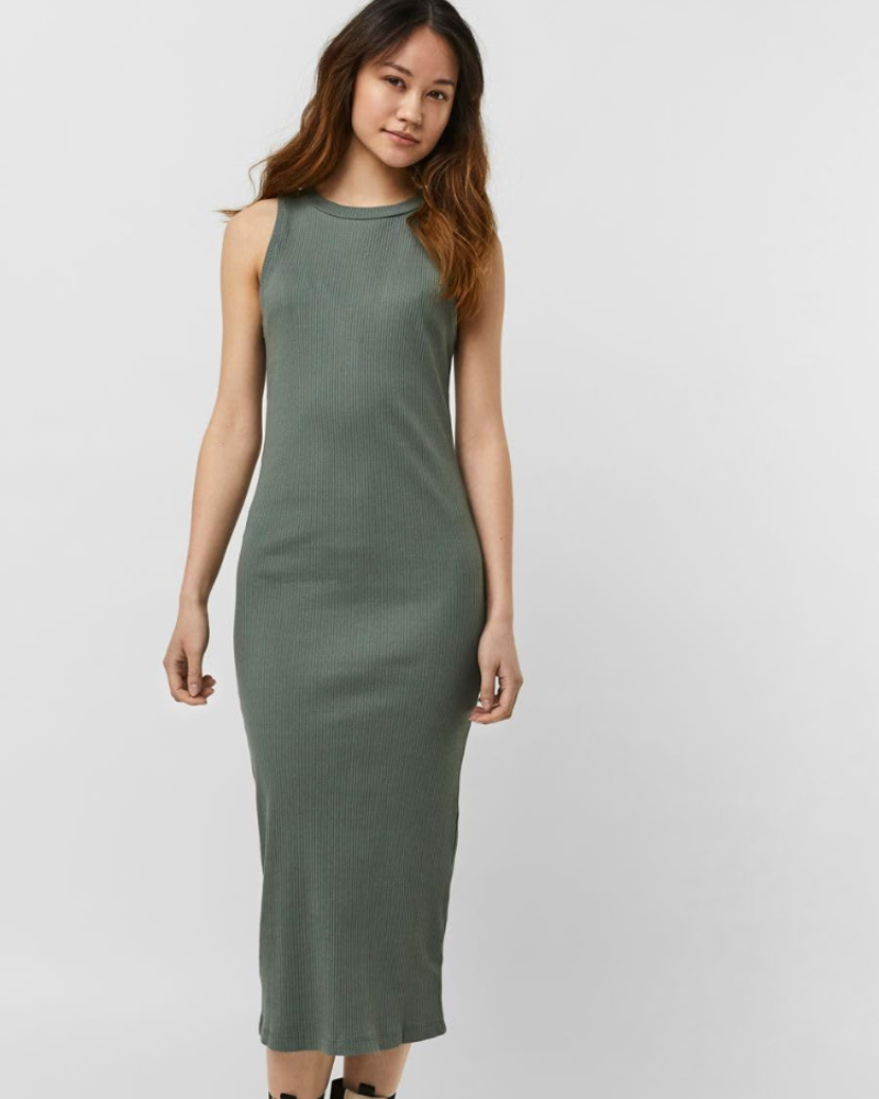 Amabel Robe Midi Femme – Coton, Col Rond, Texture Côtelée & Coupe Extensible