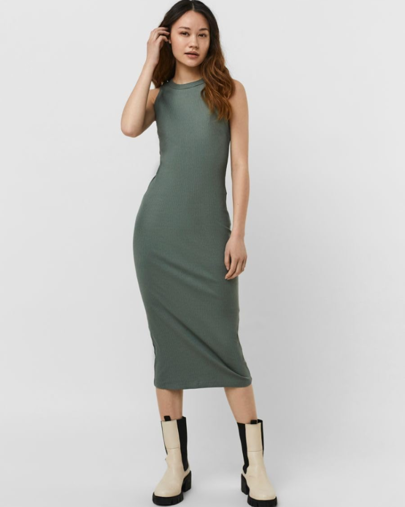 Amabel Robe Midi Femme – Coton, Col Rond, Texture Côtelée & Coupe Extensible