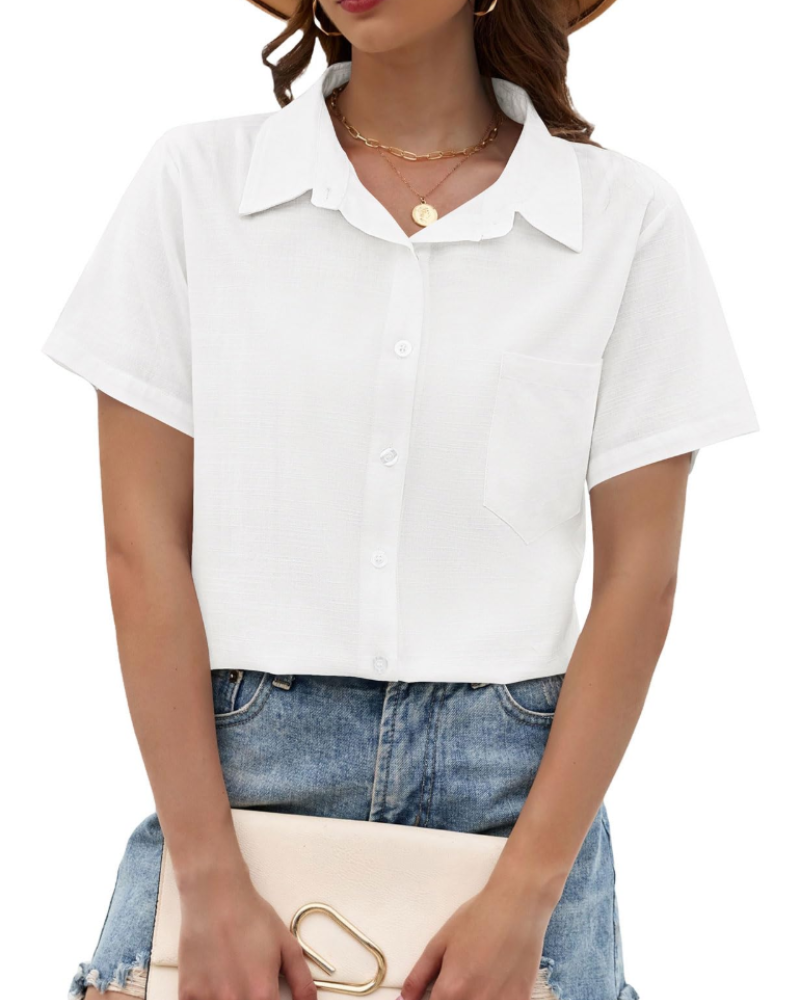 Delphine Blouse Femme – Coton, Viscose & Lin, Col V Boutonné, Manches Courtes & Poche