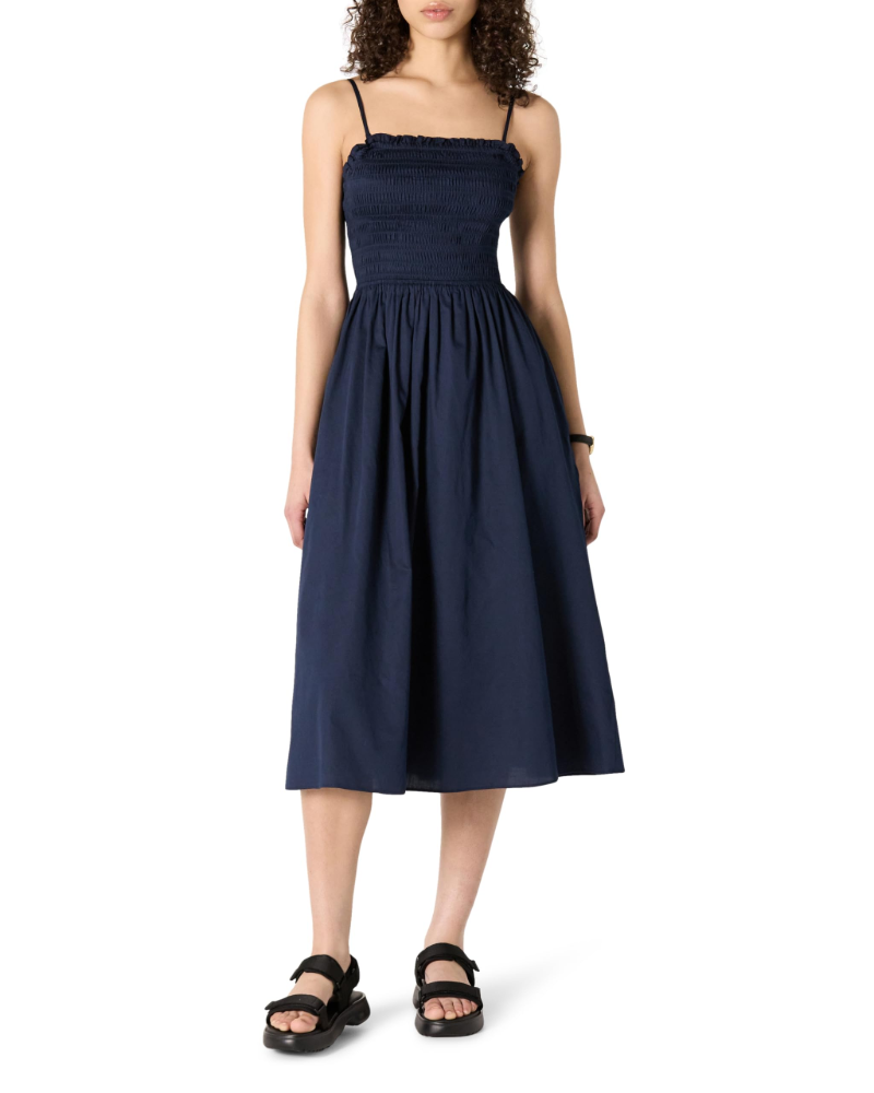 Genevieve Robe Femme Smockée – Coton Satiné, Bretelles Réglables & Jupe Trapèze Fluide
